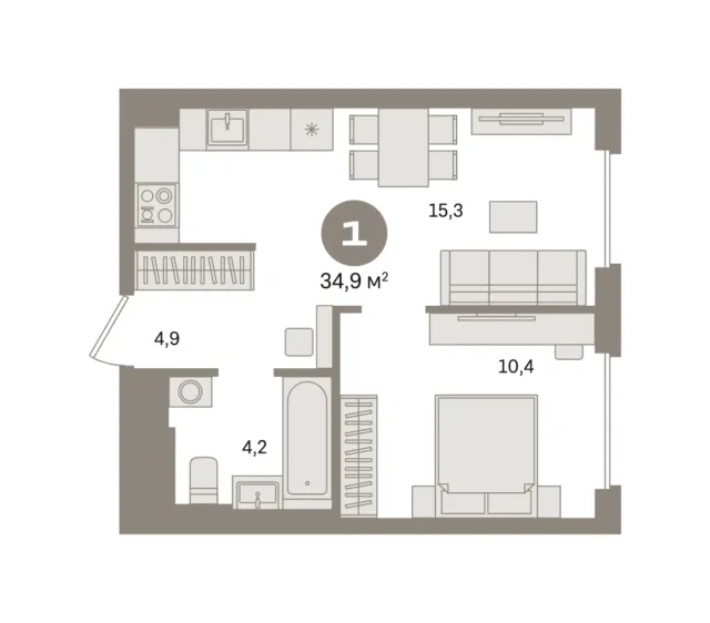 1 комн. Квартира 34.9 кв. м
