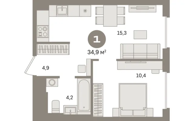 1 комн. Квартира 34.9 кв. м, Московская область Москва