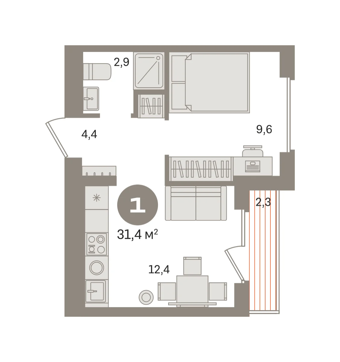 1 комн. Квартира 31.4 кв. м