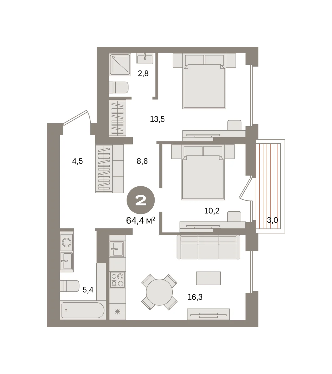 2 комн. Квартира 64.4 кв. м