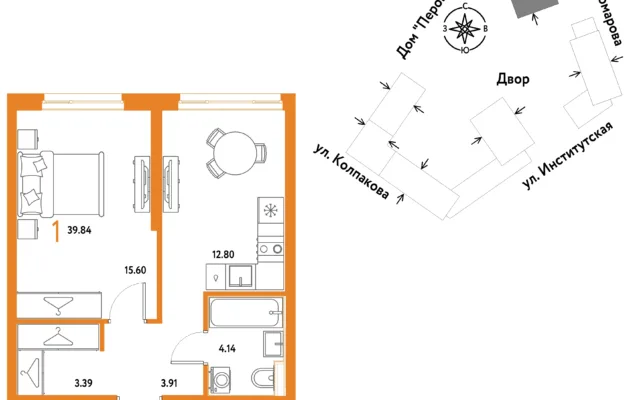 1 комн. Квартира 39.8 кв. м, Москва