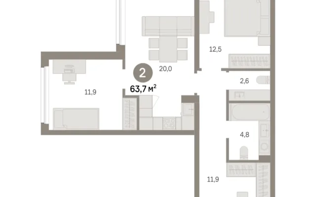 2 комн. Квартира 63.7 кв. м, Московская область Москва