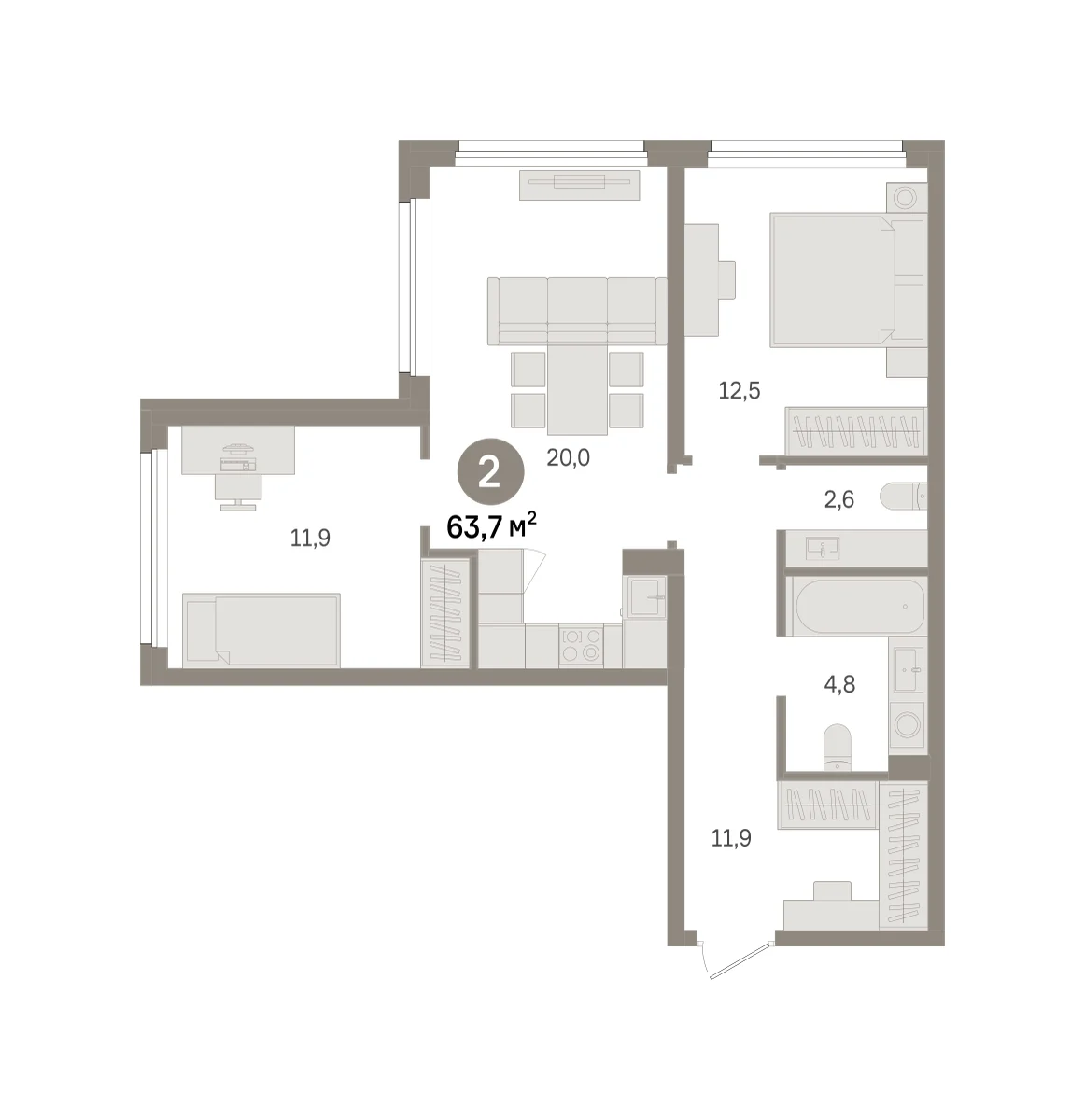 2 комн. Квартира 63.7 кв. м