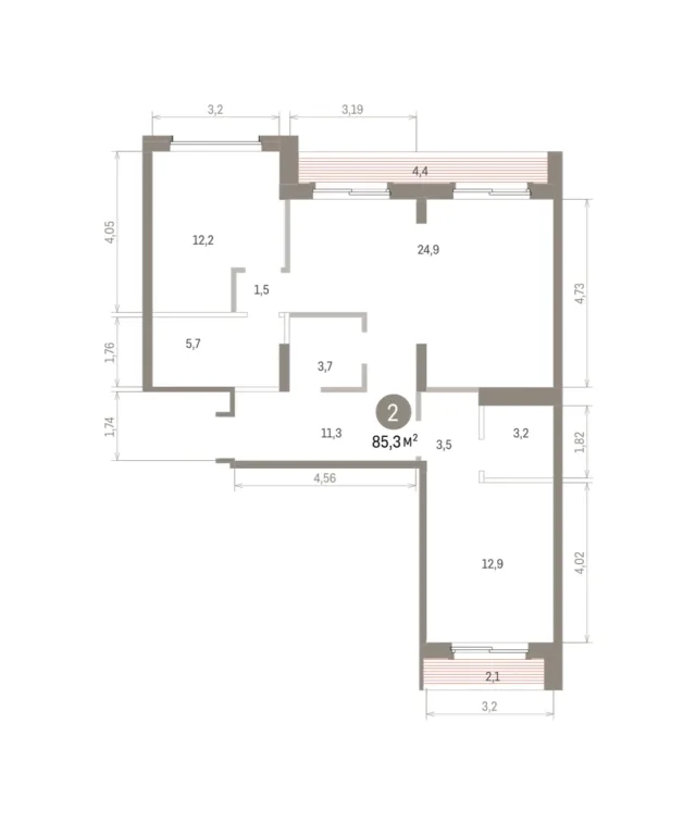 2 комн. Квартира 85.3 кв. м