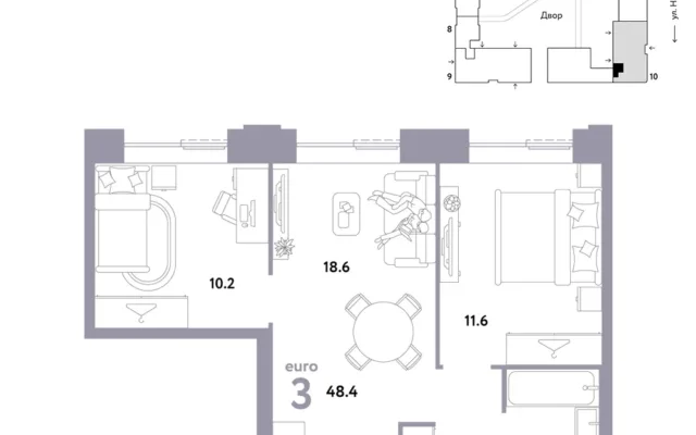 3 комн. Квартира 48.4 кв. м, Москва