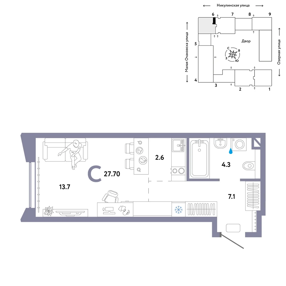 1 комн. Квартира 27.7 кв. м