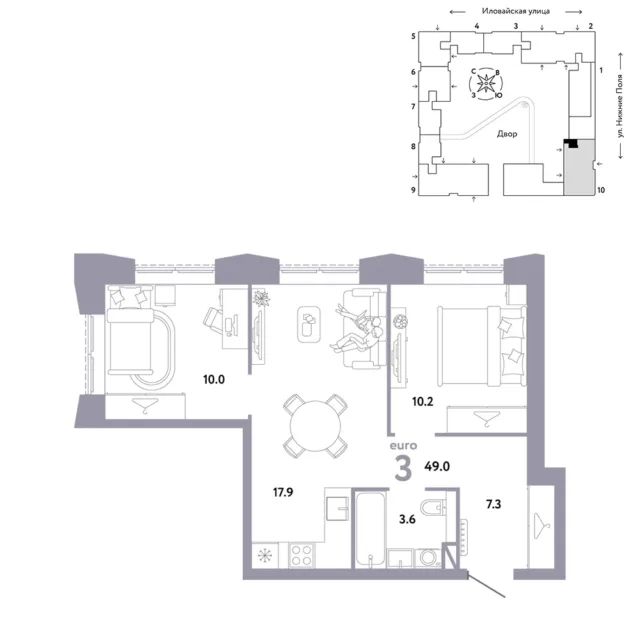 3 комн. Квартира 49 кв. м
