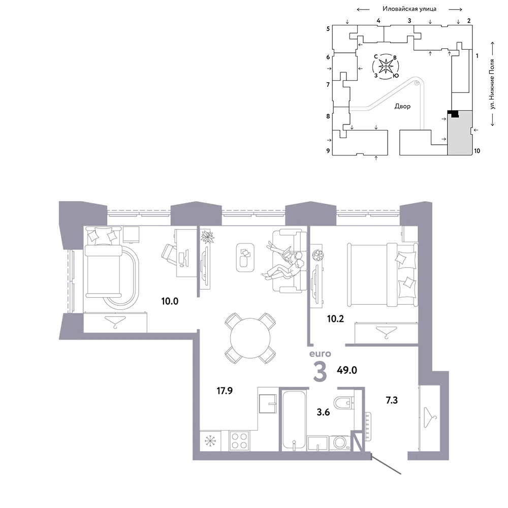 3 комн. Квартира 49 кв. м