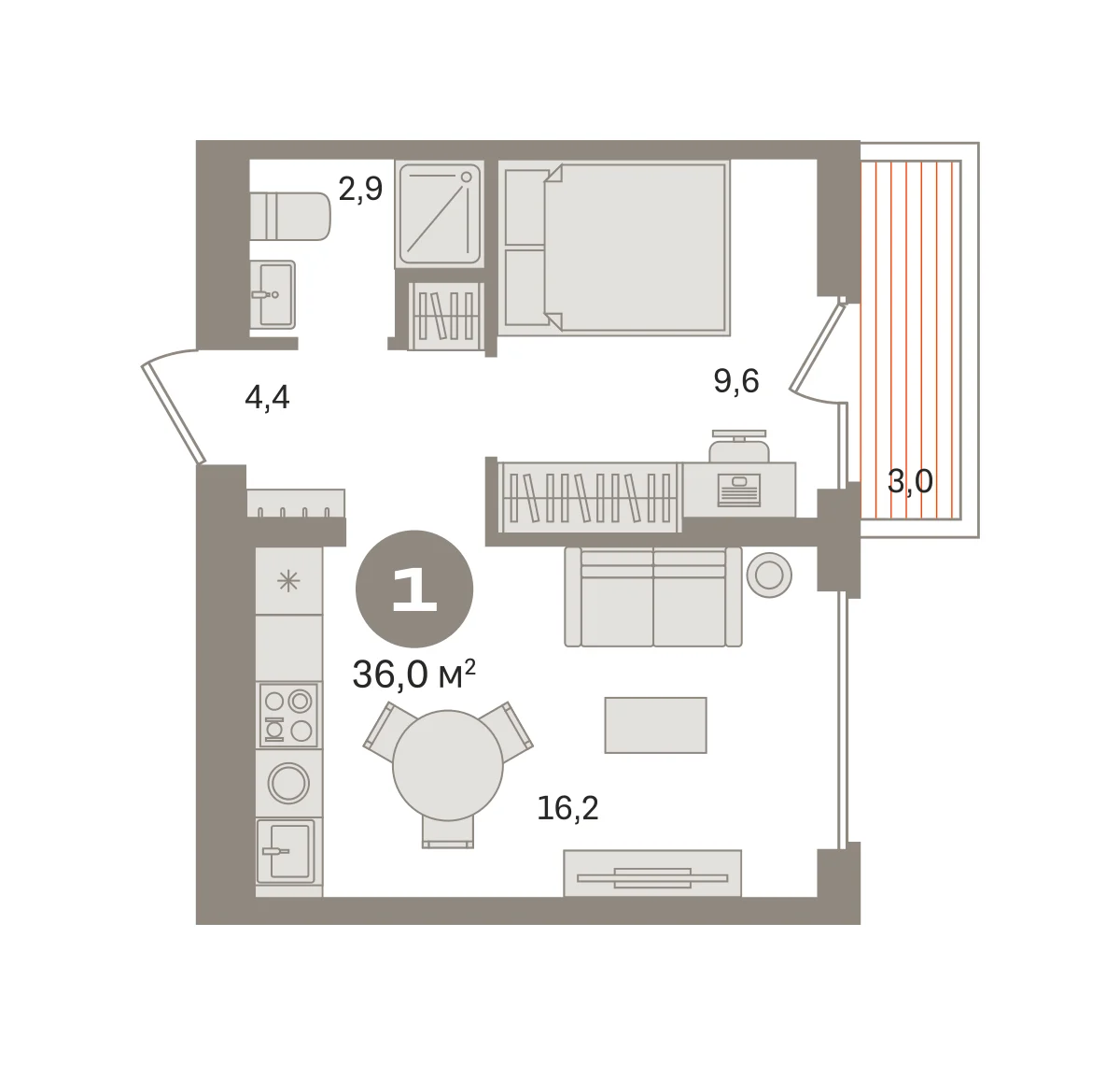 1 комн. Квартира 36 кв. м