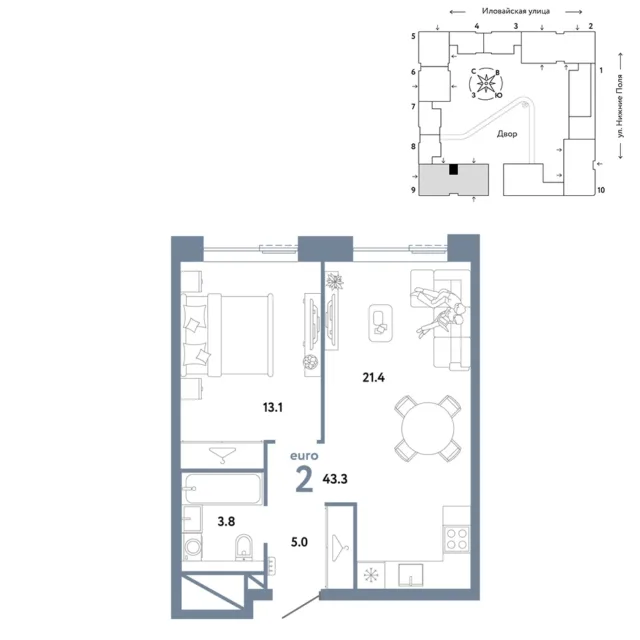 2 комн. Квартира 43.3 кв. м