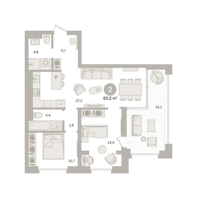 2 комн. Квартира 83.2 кв. м