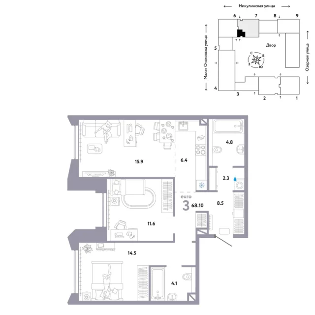 3 комн. Квартира 67.9 кв. м