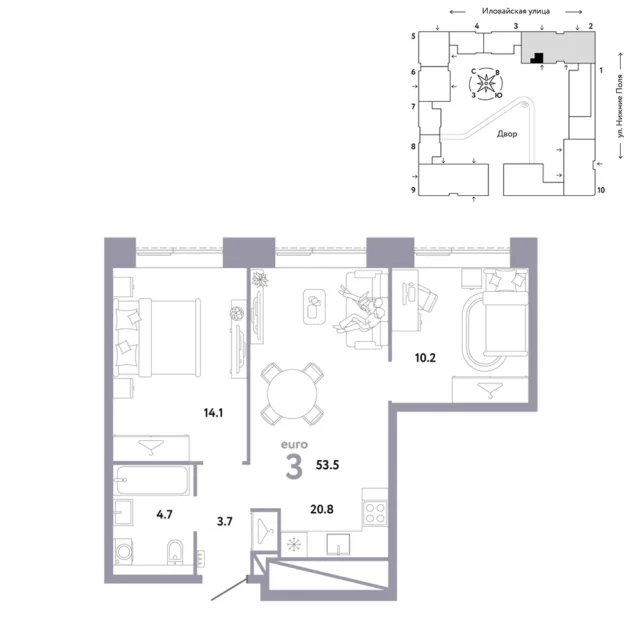 3 комн. Квартира 53.5 кв. м