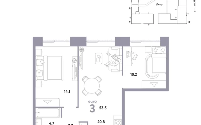 3 комн. Квартира 53.5 кв. м, Москва