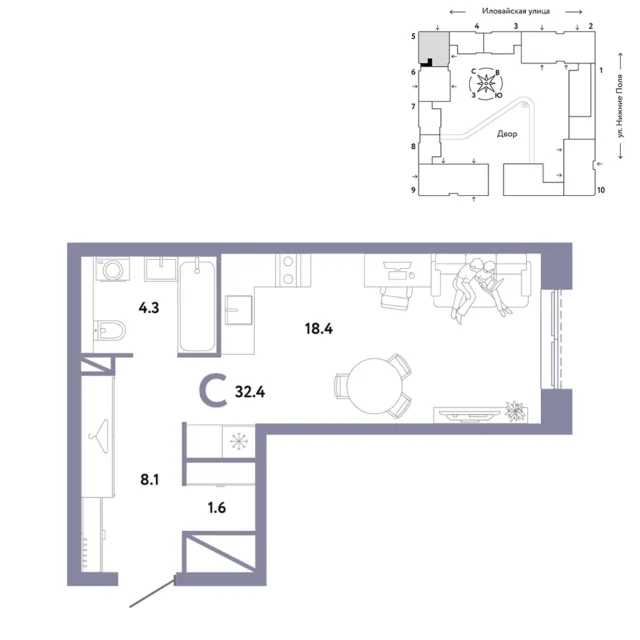 1 комн. Квартира 32.4 кв. м