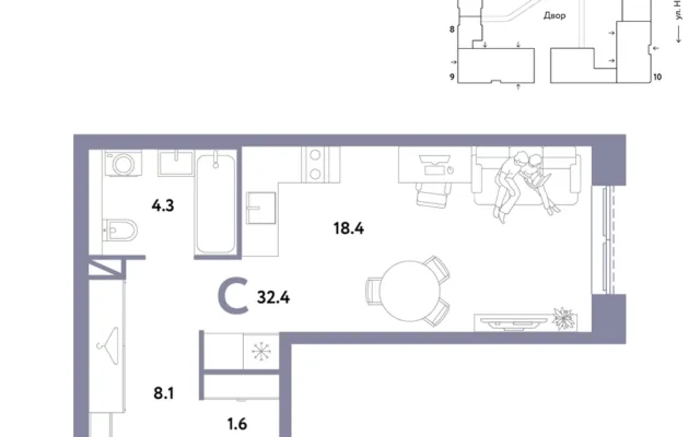 1 комн. Квартира 32.4 кв. м, Москва