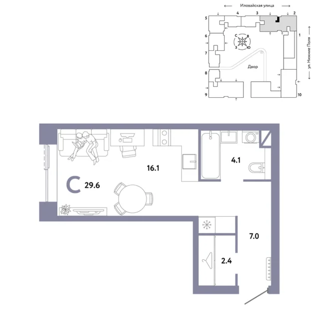 1 комн. Квартира 29.6 кв. м