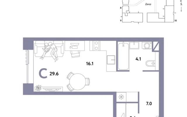 1 комн. Квартира 29.6 кв. м, Москва