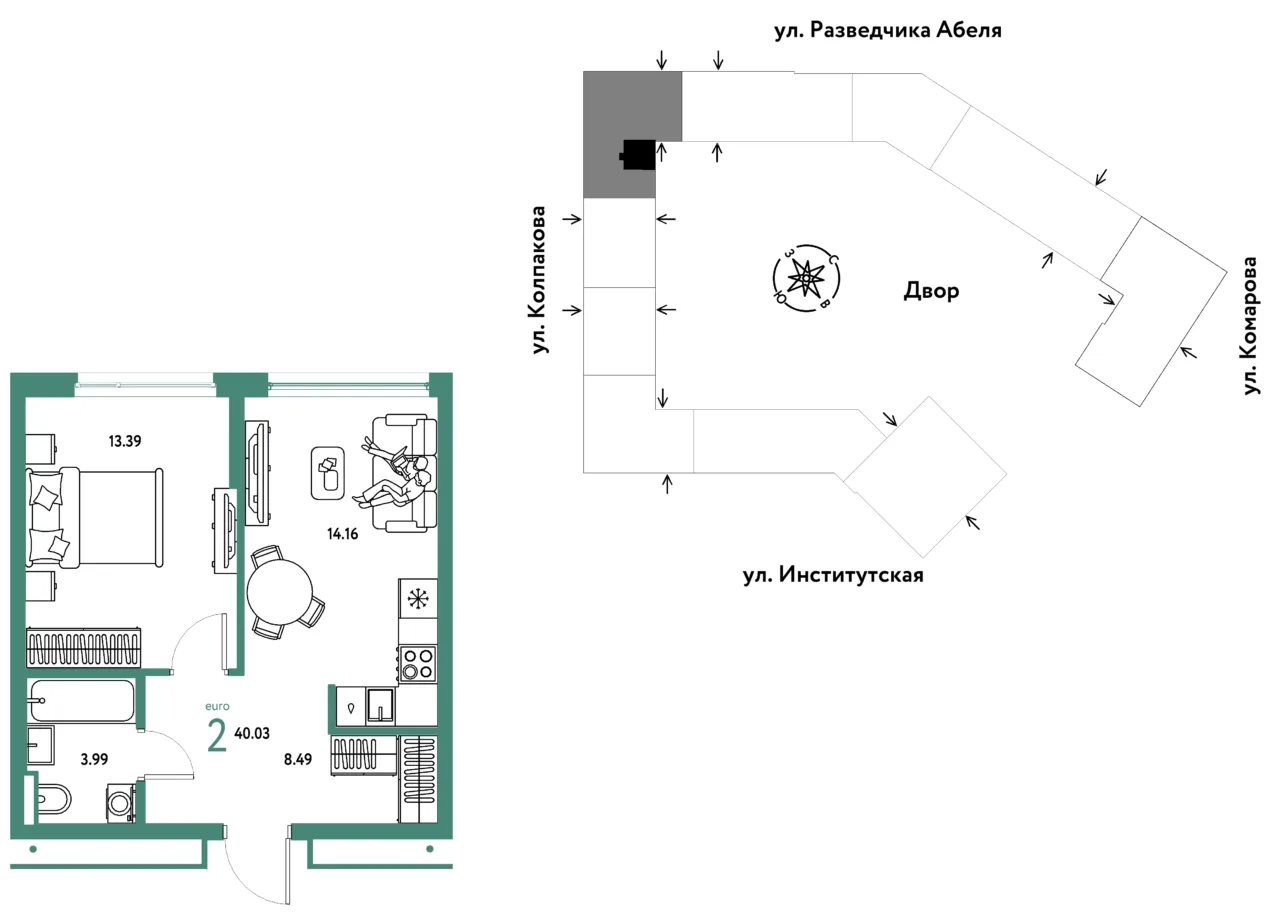2 комн. Квартира 40 кв. м