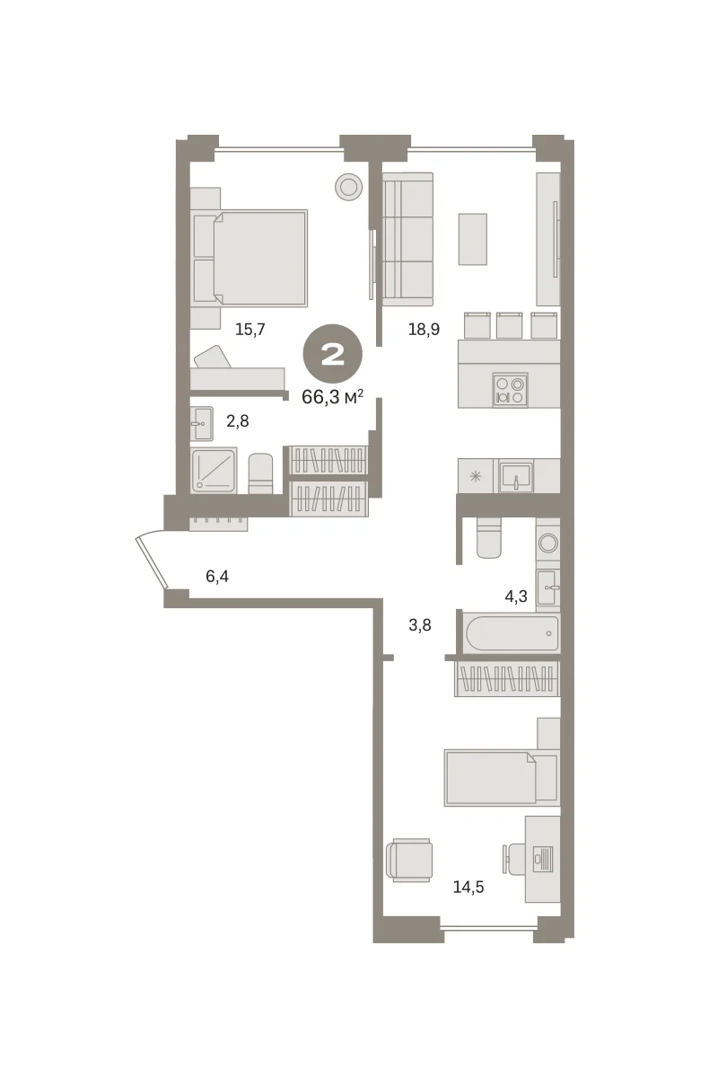 2 комн. Квартира 66.3 кв. м