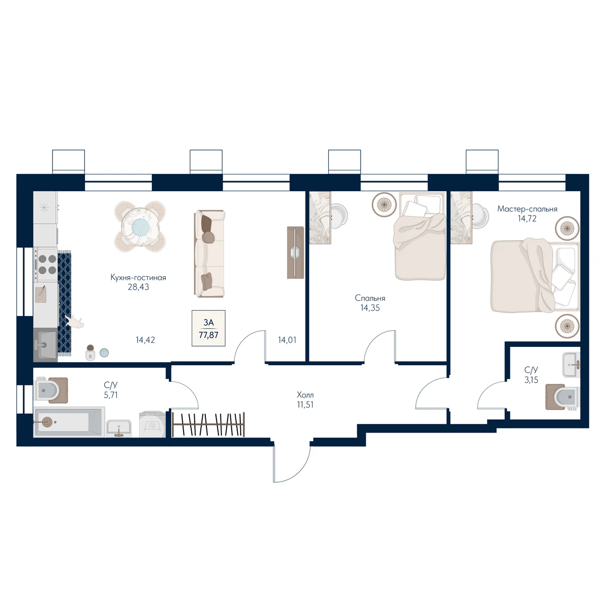 3 комн. Квартира 77.9 кв. м