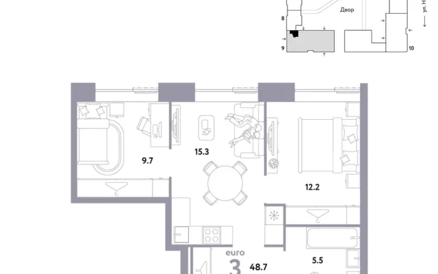 3 комн. Квартира 48.7 кв. м, Москва
