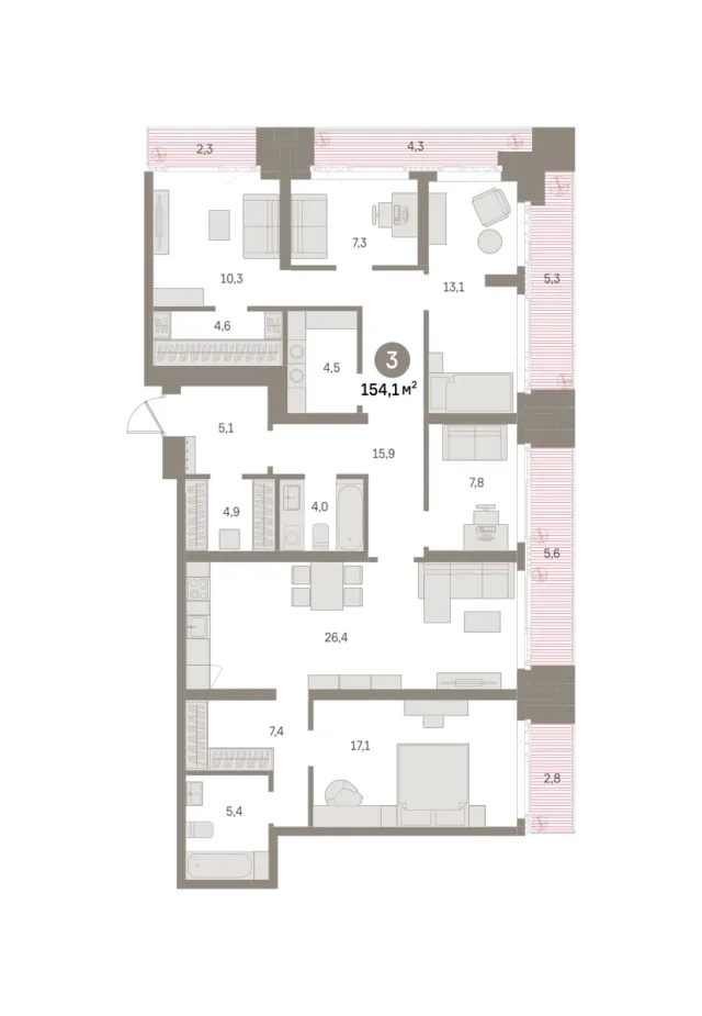 3 комн. Квартира 154.1 кв. м