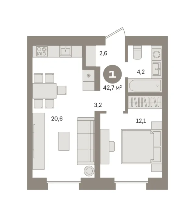 1 комн. Квартира 42.7 кв. м