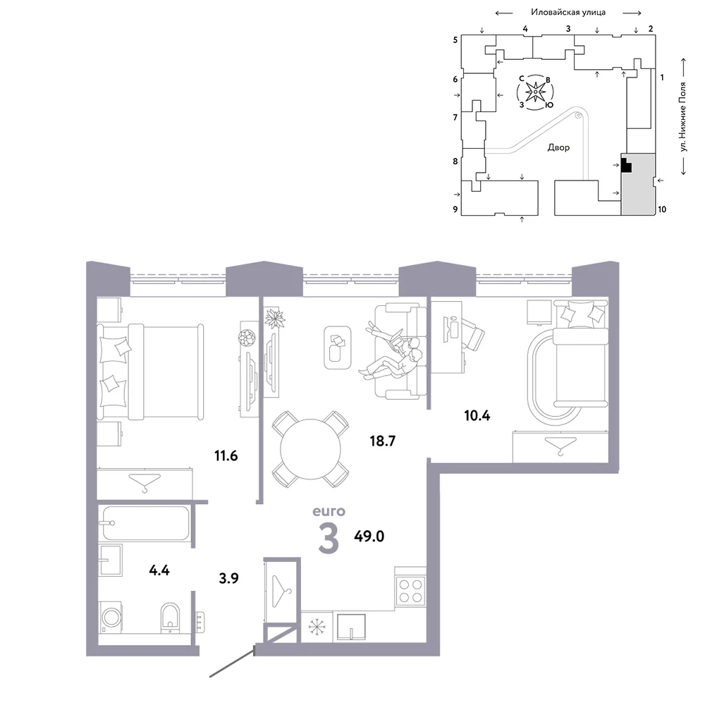 3 комн. Квартира 49 кв. м