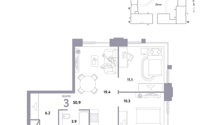 3 комн. Квартира 50.9 кв. м, Москва