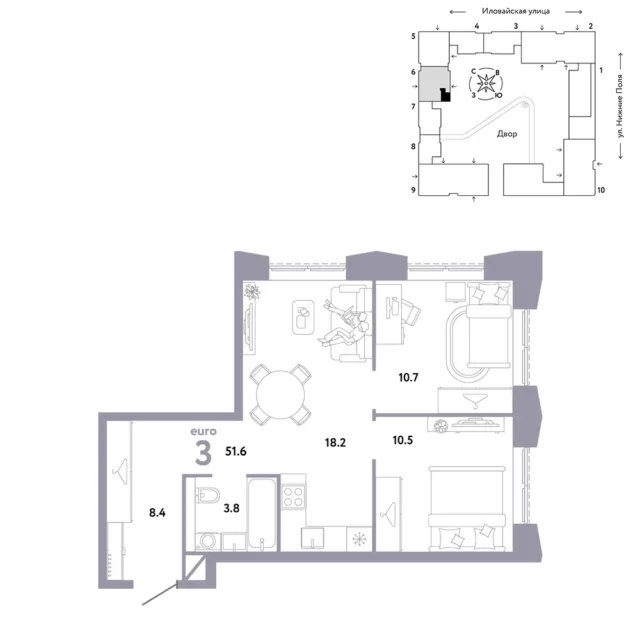 3 комн. Квартира 51.6 кв. м