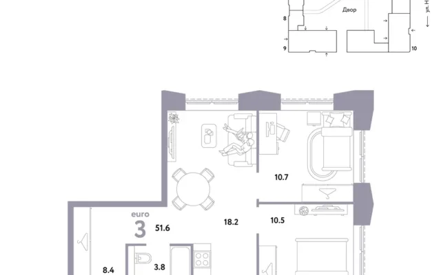 3 комн. Квартира 51.6 кв. м, Москва