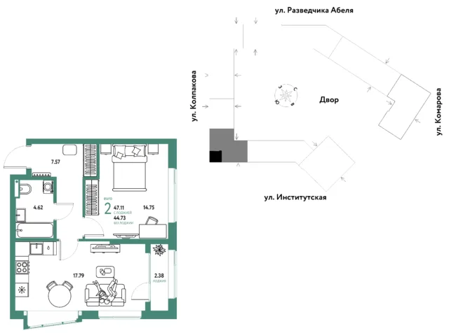2 комн. Квартира 47.1 кв. м