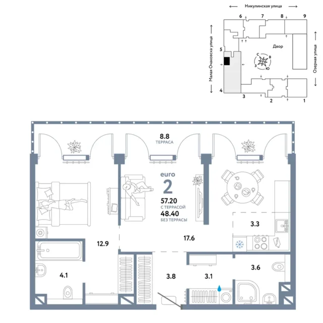2 комн. Квартира 57.1 кв. м