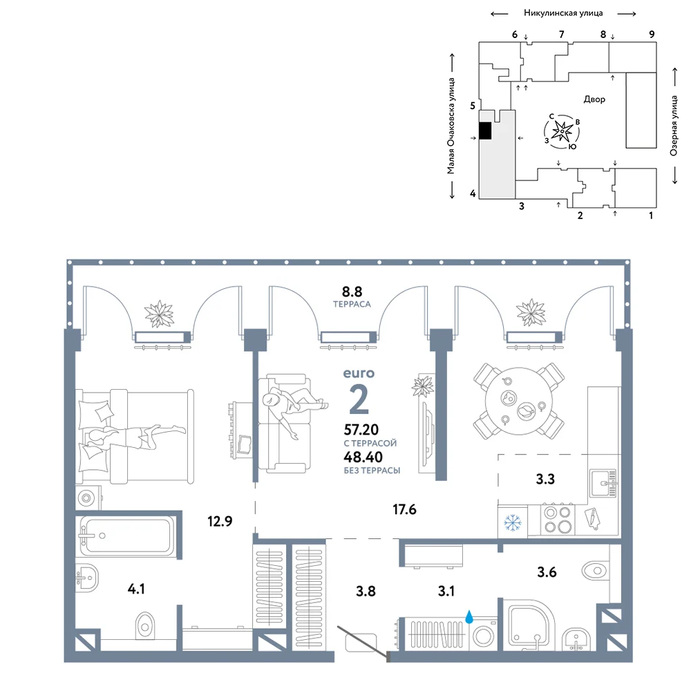 2 комн. Квартира 57.1 кв. м