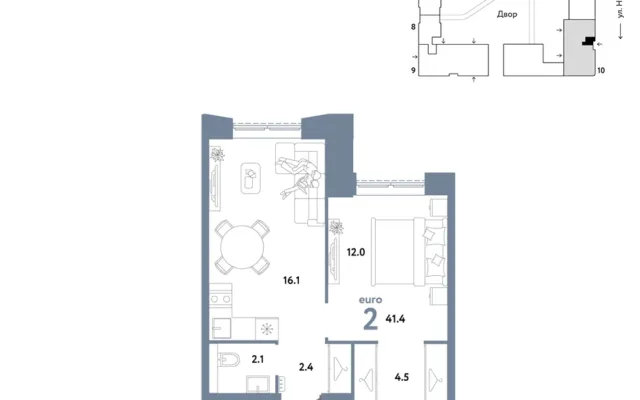 2 комн. Квартира 41.4 кв. м, Москва