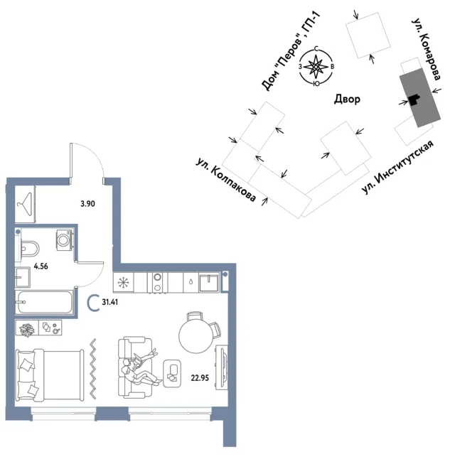 1 комн. Квартира 31.4 кв. м