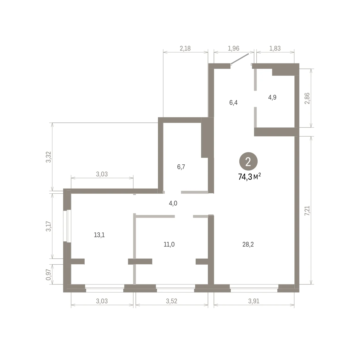 2 комн. Квартира 74.3 кв. м