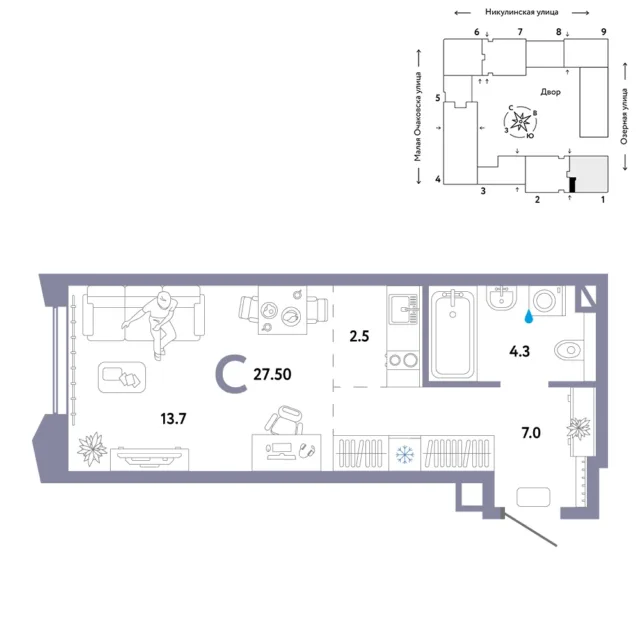1 комн. Квартира 27.7 кв. м