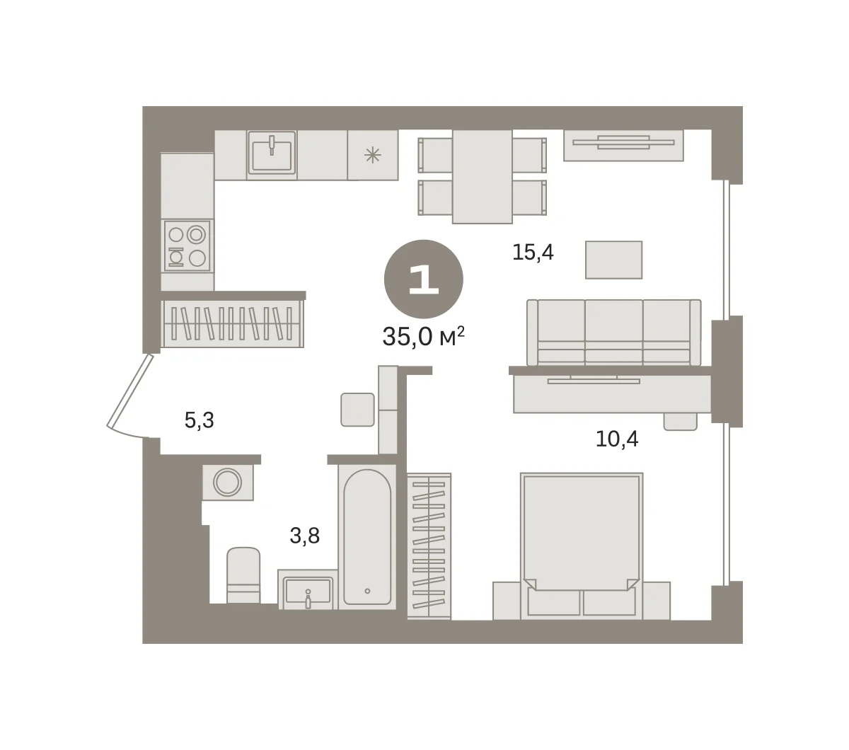1 комн. Квартира 35 кв. м