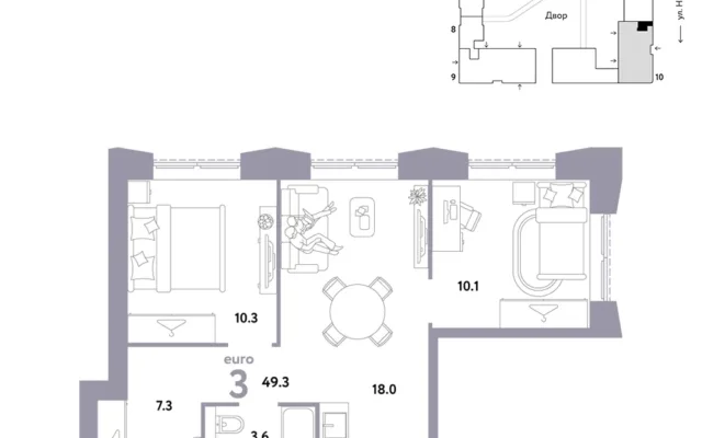3 комн. Квартира 49.3 кв. м, Москва
