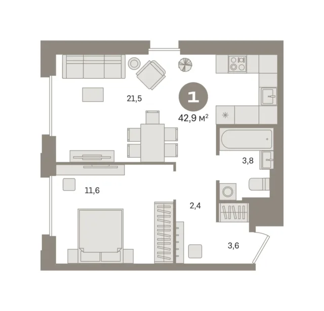 1 комн. Квартира 42.9 кв. м