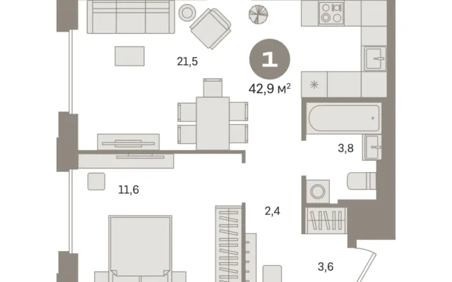 1 комн. Квартира 42.9 кв. м, Московская область Москва