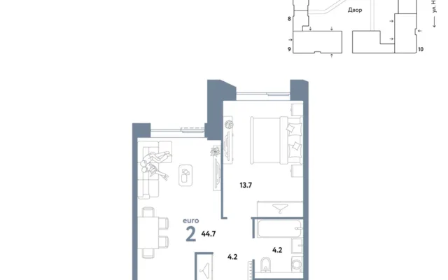2 комн. Квартира 44.7 кв. м, Москва