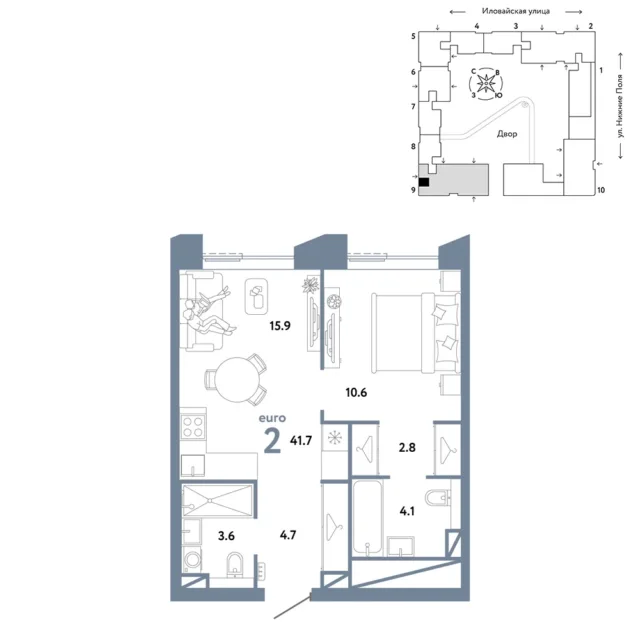 2 комн. Квартира 41.7 кв. м