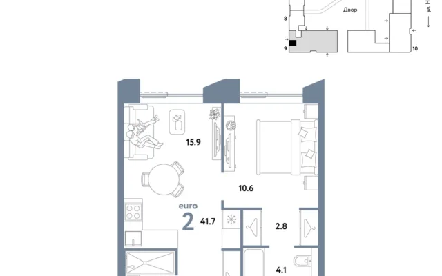 2 комн. Квартира 41.7 кв. м, Москва
