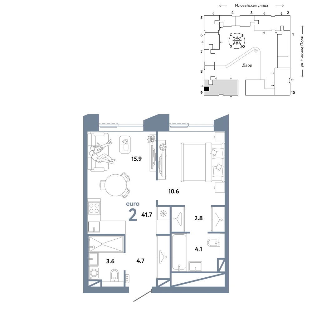 2 комн. Квартира 41.7 кв. м