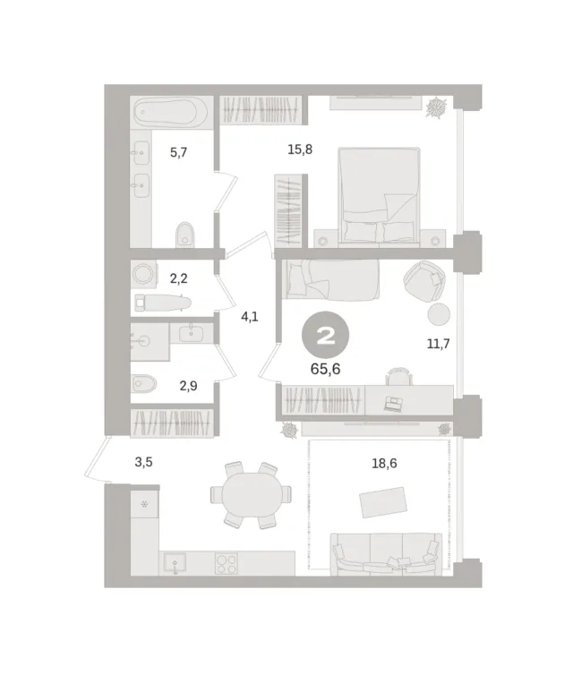 2 комн. Квартира 65.6 кв. м