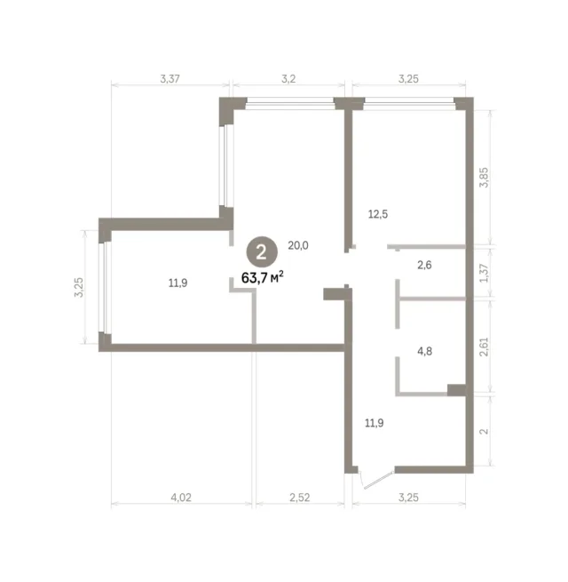 2 комн. Квартира 63.7 кв. м