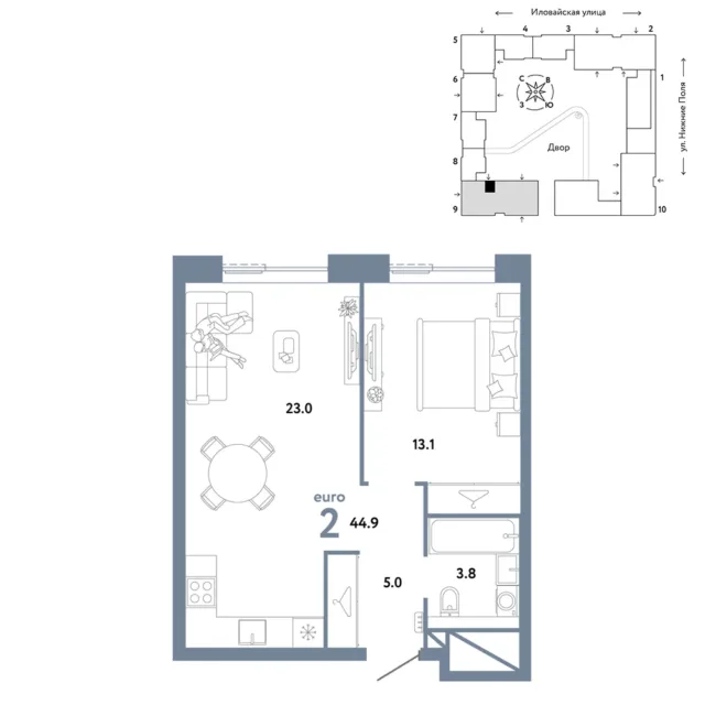2 комн. Квартира 44.9 кв. м